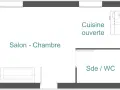 Plan d'un appartement T1 bis : salon-chambre, cuisine ouverte, salle d'eau/WC. Idéal pour un jeune couple ou un étudiant.
