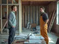 Deux hommes discutent sur un chantier. L'un semble vouloir se faire rembourser des travaux faits pendant vie commune.