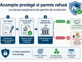 Infographie expliquant la clause suspensive de permis de construire : signature, demande, décision, et issues (accepté/refusé).