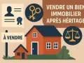Vente d'un bien immobilier après une succession sans héritier. Icônes : personne, clés, balance de justice. Maison à vendre.