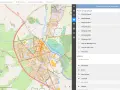 Carte du cadastre d'Issoire affichant les parcelles, les routes et les bâtiments. Le gestionnaire de couches permet de sélectionner différents fonds cartographiques.