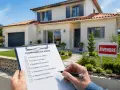 Un notaire vérifie un compromis de vente, incluant le règlement d'urbanisme, devant une maison à vendre.