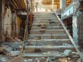 Escalier en béton délabré, entouré de débris et d'échafaudages. Un chantier qui ressemble à une construction illégale, abandonnée.