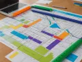 Un plan de ville coloré, avec des crayons et un ordinateur portable. On dirait que quelqu'un prépare une **plu lahonce** pour un projet d'urbanisme.