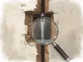 Une loupe révèle un tuyau endommagé dans un mur, illustrant un cas de prescription vice caché.