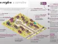 Vue d'une ville avec des maisons, des arbres et des voitures. Le texte explique les démarches pour des travaux, comme la construction d'une maison ou d'une piscine, en référence au PLU (Plan Local d'Urbanisme).
