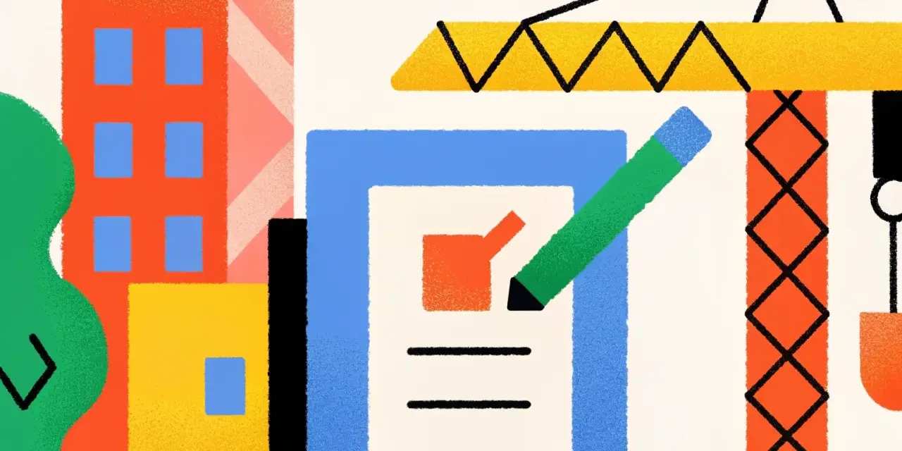 Illustration d'un permis de construire et changement de PLU : grue, immeubles colorés, et un document avec un crayon vert.