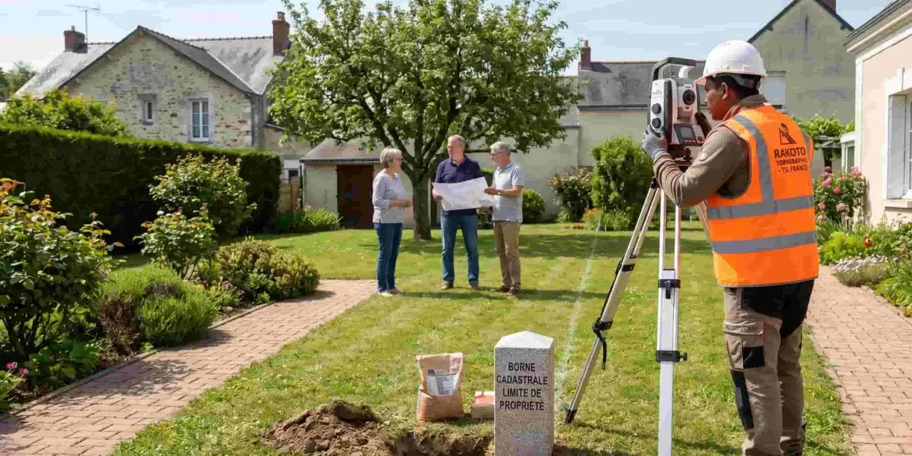 Un géomètre utilise un théodolite pour un plan de bornage. Une borne cadastrale marque la limite de propriété.