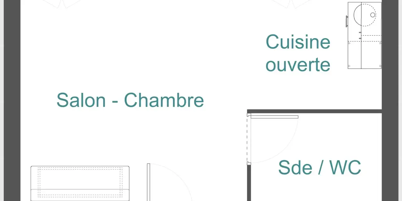 Plan d'un appartement T1 bis : salon-chambre, cuisine ouverte, salle d'eau/WC. Idéal pour un jeune couple ou un étudiant.