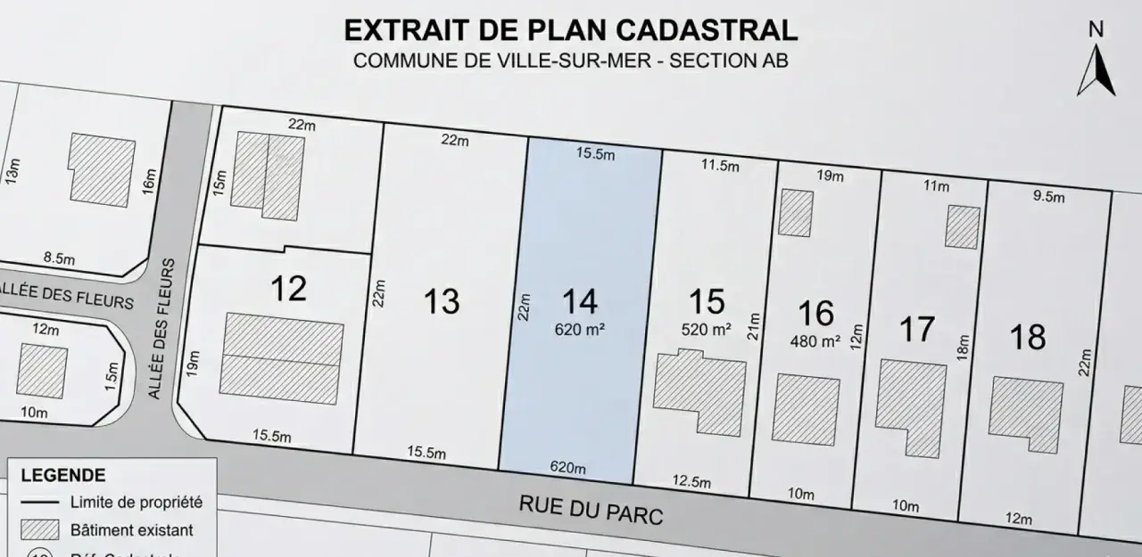 Extrait du cadastre de Yvetot, montrant des parcelles numérotées 12 à 18, avec leurs dimensions et la présence de bâtiments.