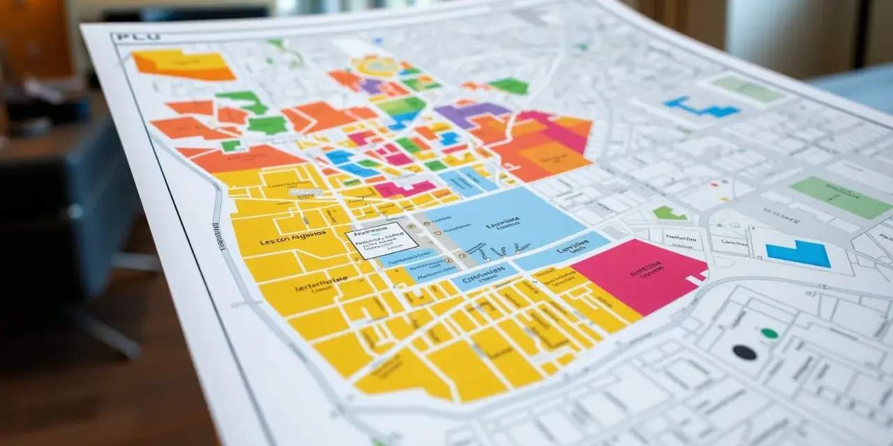Carte PLU colorée, montrant la différence entre les zones. On y voit des rues et des bâtiments, avec des couleurs vives pour distinguer les zones.