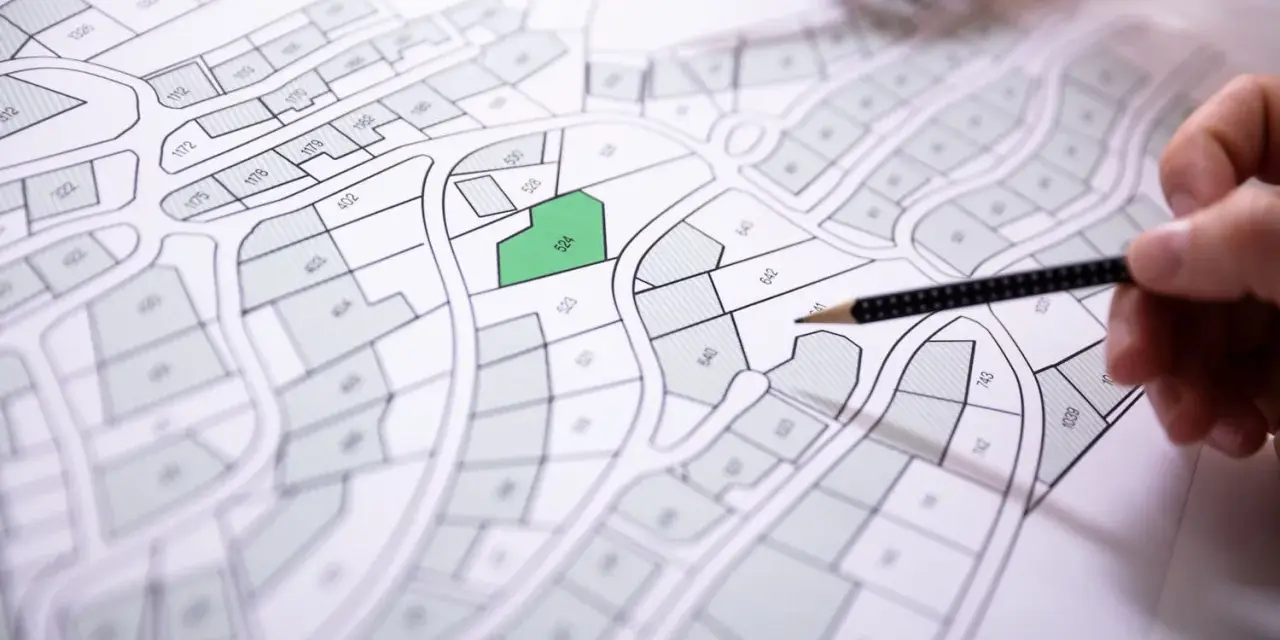 Plan cadastral de Privas, avec une parcelle verte mise en évidence. Des mains tiennent des crayons, prêtes à annoter.