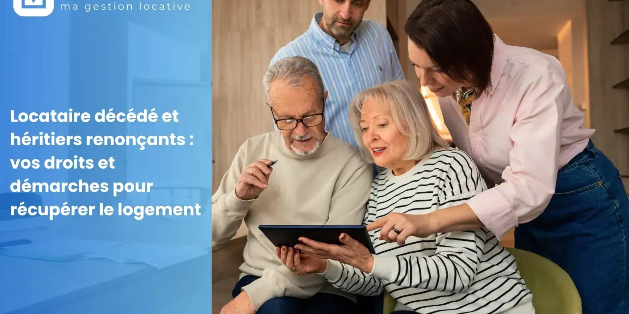 Famille discutant du transfert de bail suite au décès du locataire. Ils consultent des informations sur une tablette.