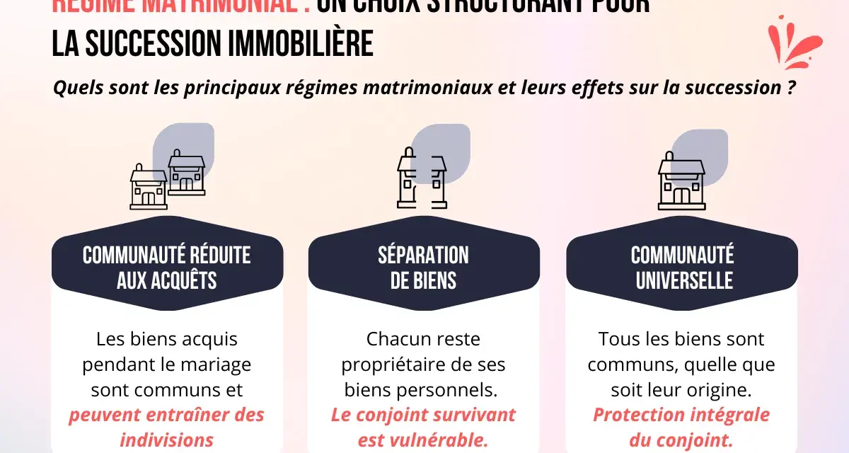Schéma comparant trois régimes matrimoniaux : communauté réduite aux acquêts, séparation de biens et communauté universelle, cette dernière offrant une protection intégrale du conjoint.