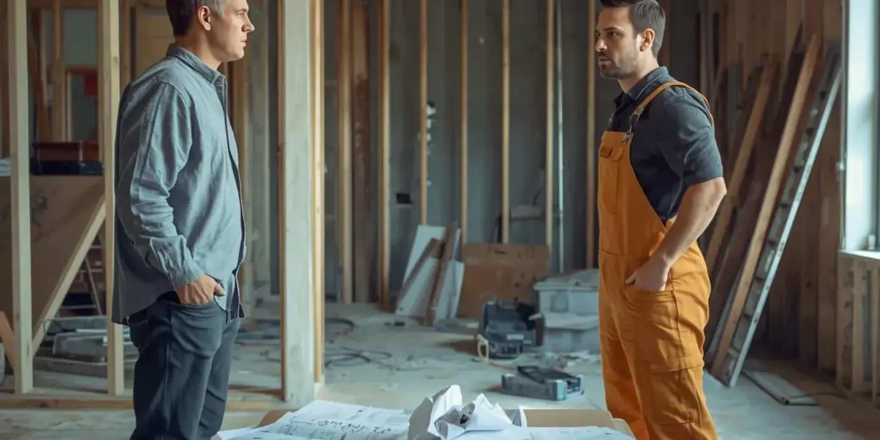 Deux hommes discutent sur un chantier. L'un semble vouloir se faire rembourser des travaux faits pendant vie commune.