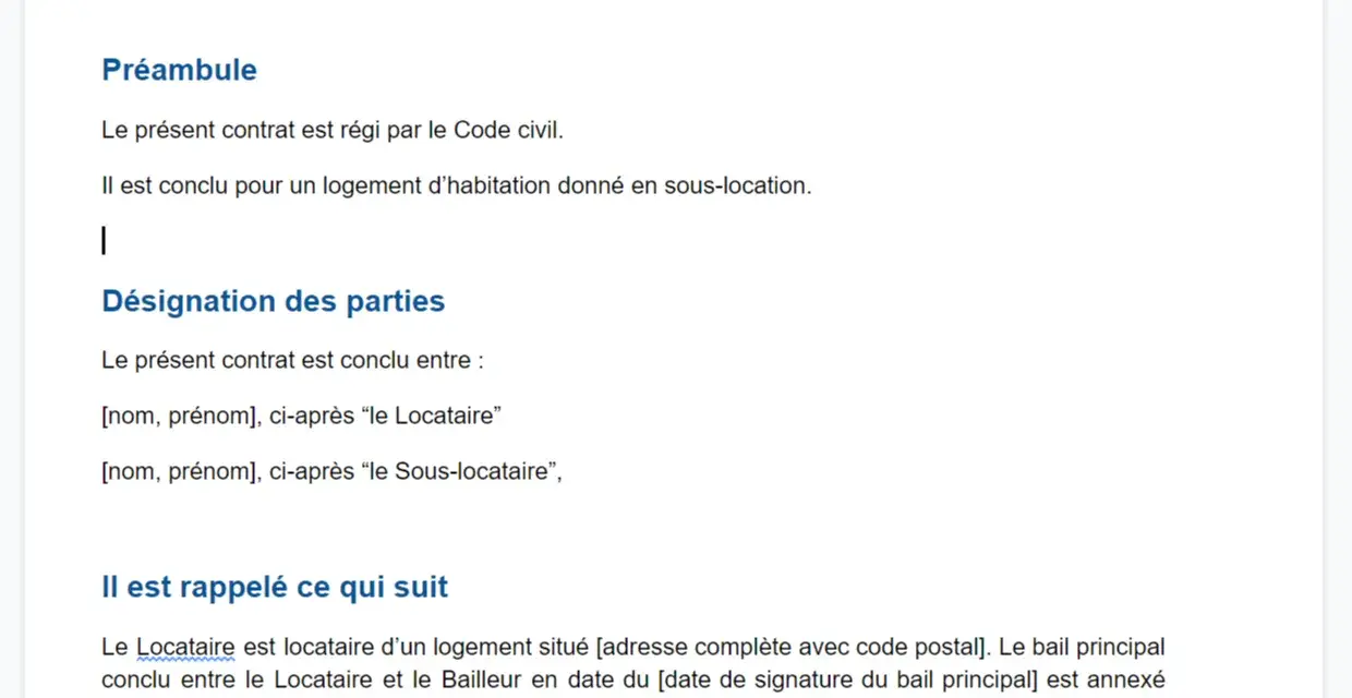 Contrat de sous-location d'un logement. Ce document détaille les termes pour sous louer son appartement, définissant les parties et les conditions.