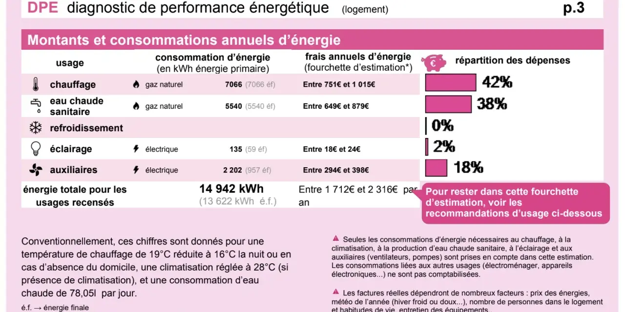 Tableau DPE : consommations annuelles d'énergie (chauffage, eau chaude, etc.) et répartition des dépenses.