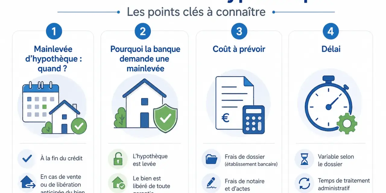Infographie expliquant la mainlevée d'hypothèque : quand, pourquoi, coût et délai.