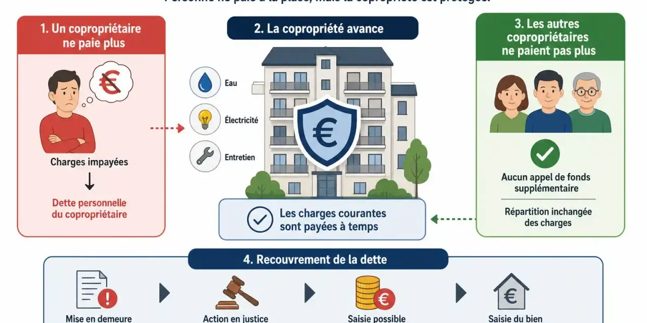 Un copropriétaire défaillant crée une dette. La copropriété avance les fonds, puis poursuit le débiteur pour récupérer la somme.