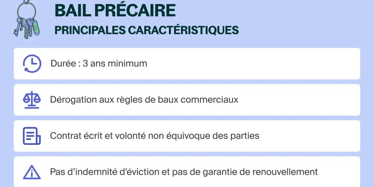 Caractéristiques d'un bail précaire : durée minimale de 3 ans, dérogation aux règles des baux commerciaux, contrat écrit et pas d'indemnité d'éviction.