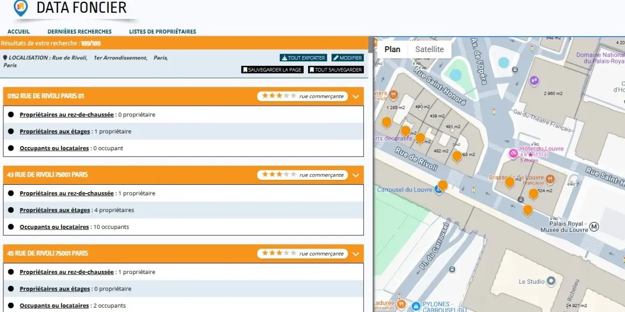 Interface de recherche immobilière affichant des informations sur des propriétés situées Rue de Rivoli, Paris. Le cadastre Gien est visible sur la carte satellite.