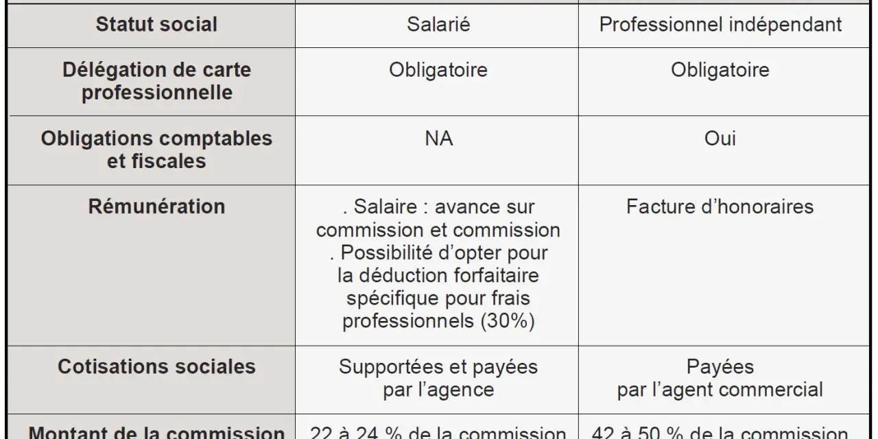Tableau comparant le statut VRP immobilier et agent commercial : statut social, carte pro, obligations, rémunération, cotisations et commission.
