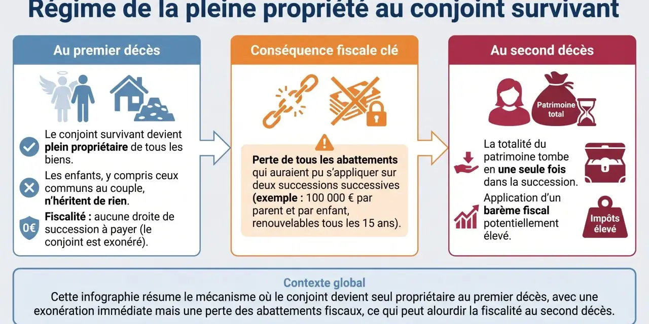 Au premier décès, le conjoint devient plein propriétaire. La dévolution successorale peut entraîner une perte d'abattements fiscaux au second décès.