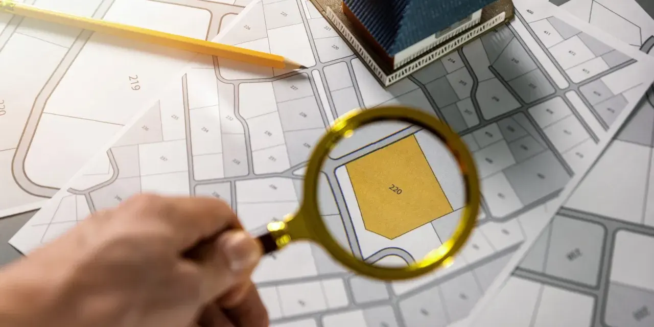 Une loupe examine un plan de cadastre d'Aix, révélant la parcelle 220. Un crayon et une maquette de maison sont posés sur les plans.