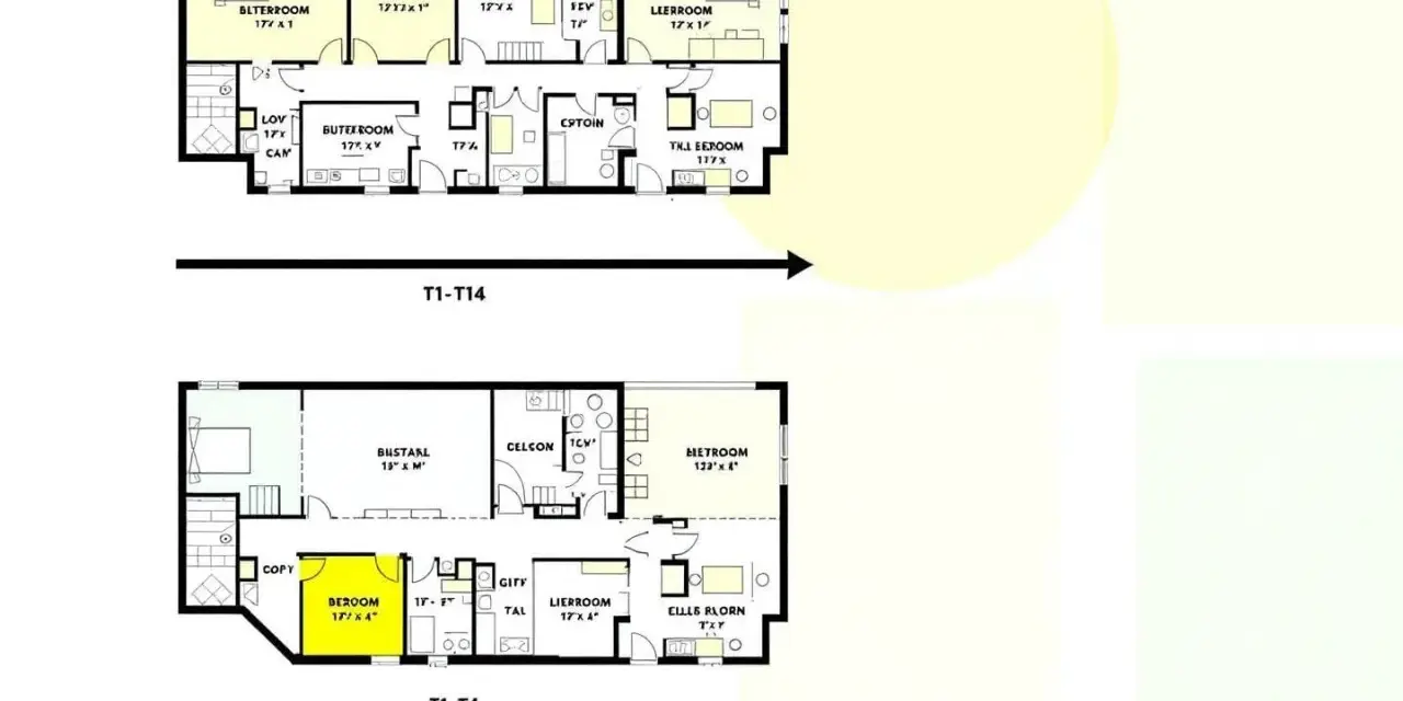 Plans de maisons T1-T14 et T1-T4. La définition T3 est visible sur le plan supérieur, montrant plusieurs chambres et espaces de vie.