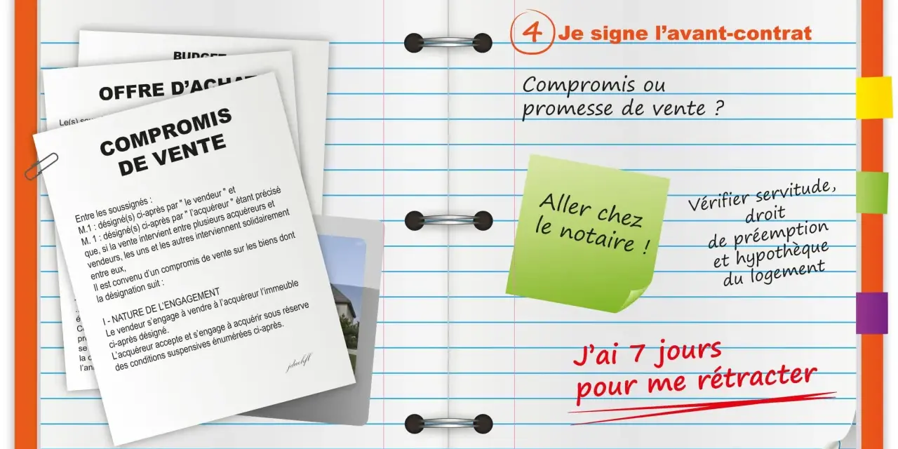 Un document "Compromis de vente" est visible, avec une note "Je signe l'avant-contrat". Une autre note indique "J'ai 7 jours pour me rétracter".