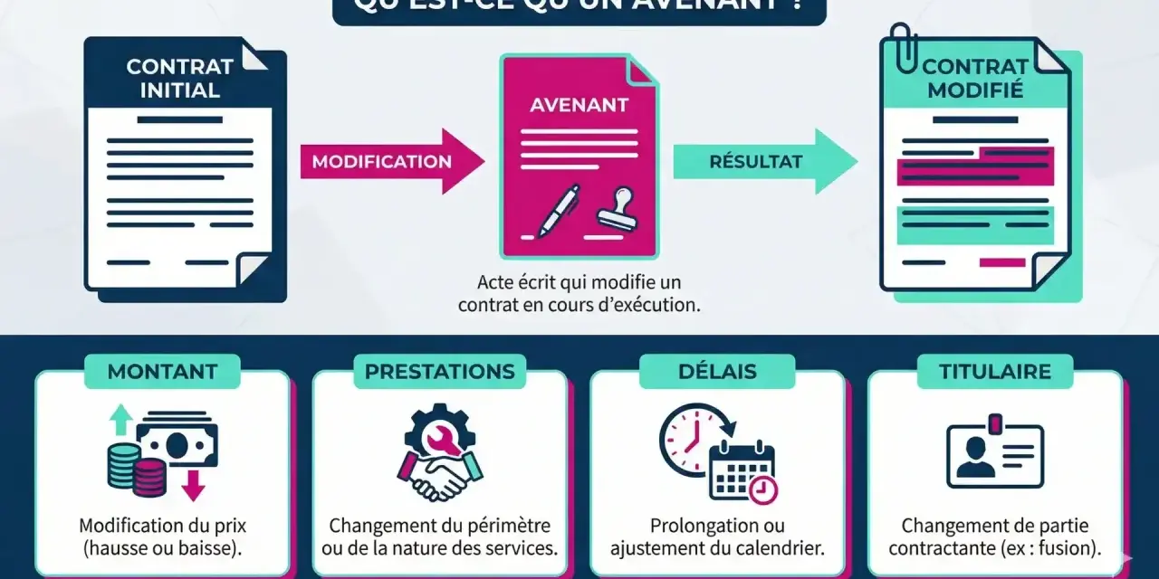 Un avenant peut modifier un contrat, par exemple un avenant au mandat de vente pour une baisse de prix. Il peut aussi changer les prestations, délais ou titulaire.