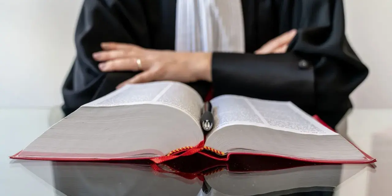Un avocat en robe noire, penché sur un gros livre ouvert, symbolise la **notoriété acquisitive** par la maîtrise du droit.