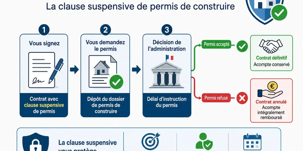 Infographie expliquant la clause suspensive de permis de construire : signature, demande, décision, et issues (accepté/refusé).