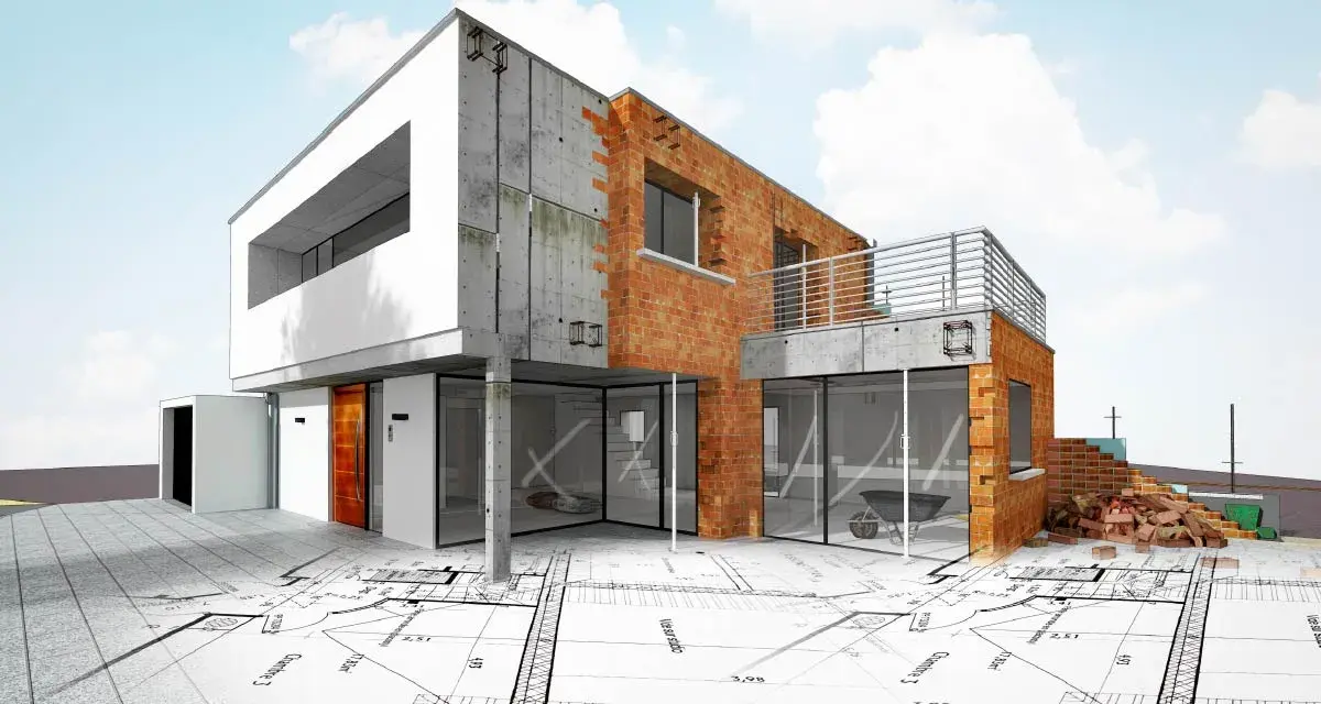 Maison moderne en construction sur des plans. L'image illustre l'obligation de bornage terrain à bâtir, avec des éléments de construction et des plans architecturaux superposés.