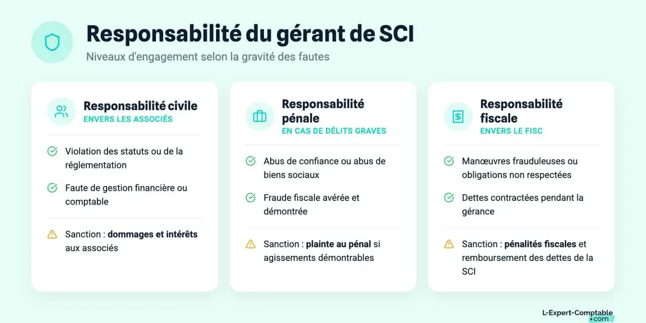 Infographie détaillant la responsabilité du gérant de SCI : civile, pénale et fiscale. Elle liste les fautes et sanctions, illustrant les conséquences d'un abus de pouvoir gérant SCI.