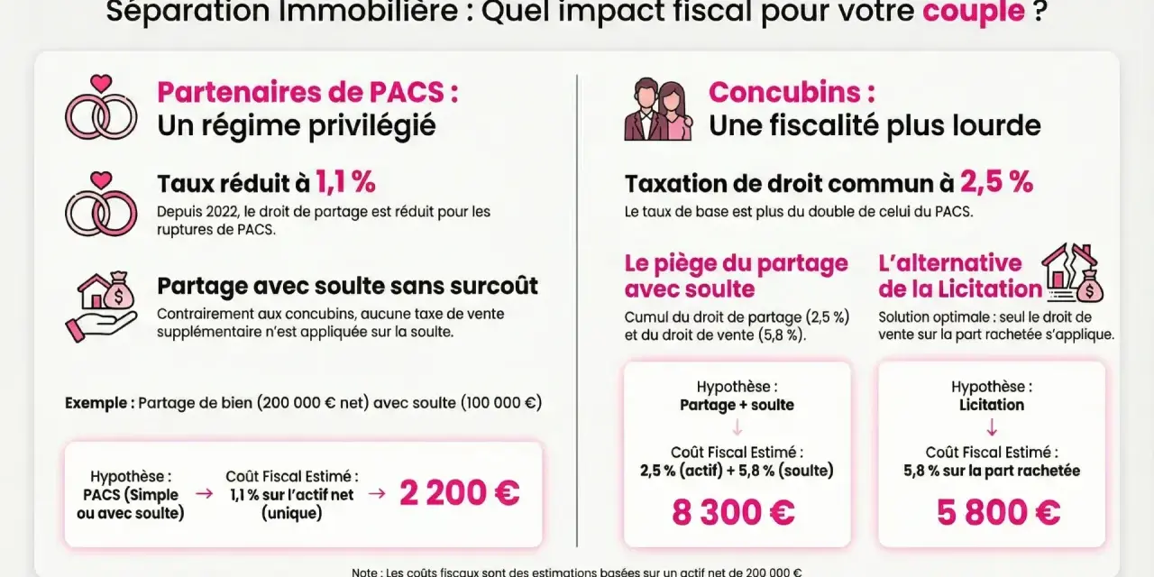 Comparaison fiscale : PACS vs concubinage pour la résidence principale. Le PACS offre un régime privilégié, notamment pour le partage avec soulte.