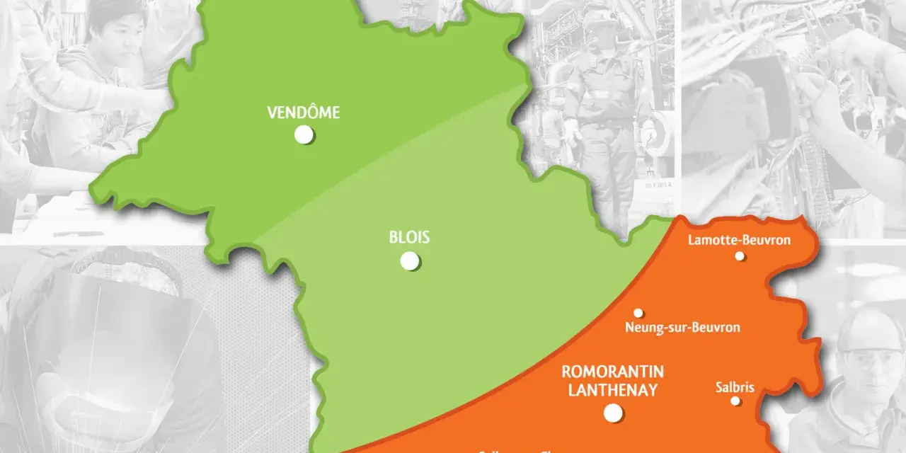 Carte du Loir-et-Cher, avec les villes de Vendôme, Blois, Romorantin-Lanthenay, Selles-sur-Cher, Saint-Aignan, Lamotte-Beuvron, Neung-sur-Beuvron et Salbris.