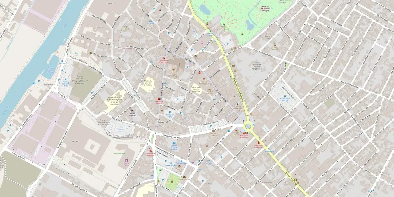Plan détaillé de Cognac, montrant les rues, les bâtiments et le cadastre. Le Bureau National Interprofessionnel du Cognac est visible.