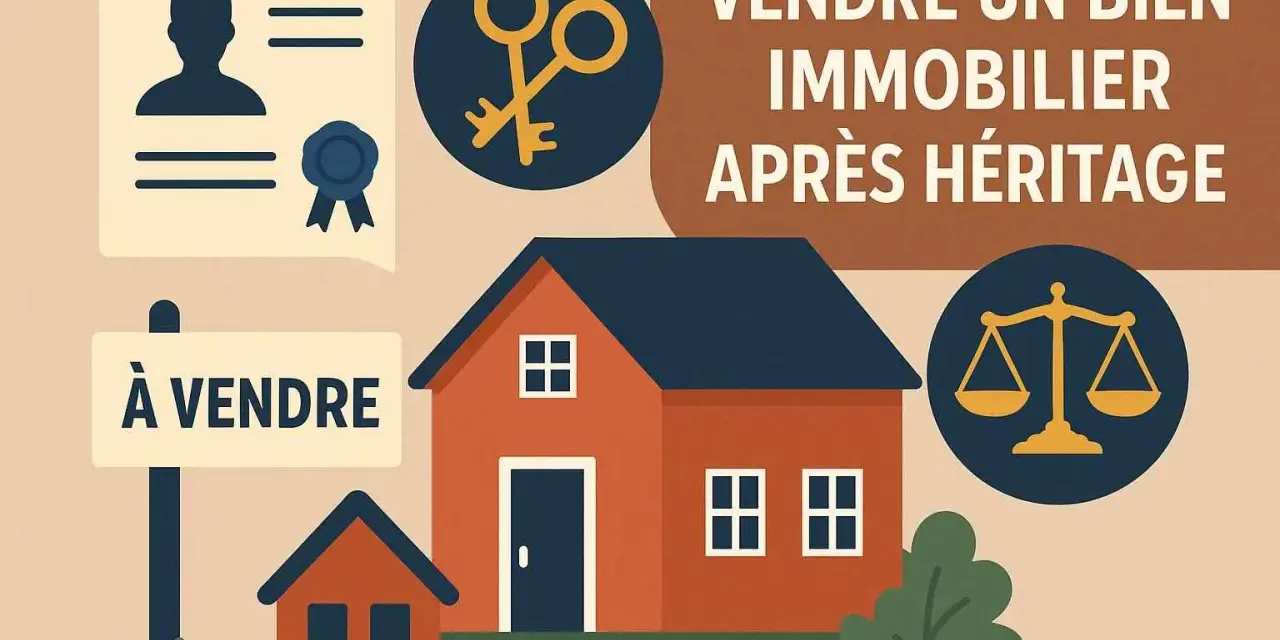 Vente d'un bien immobilier après une succession sans héritier. Icônes : personne, clés, balance de justice. Maison à vendre.
