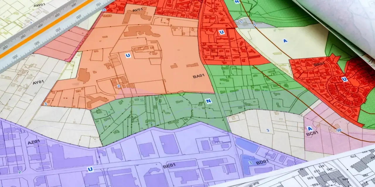 Plans colorés du cadastre de Libourne, avec une règle graduée. Zones résidentielles, industrielles et vertes délimitées.