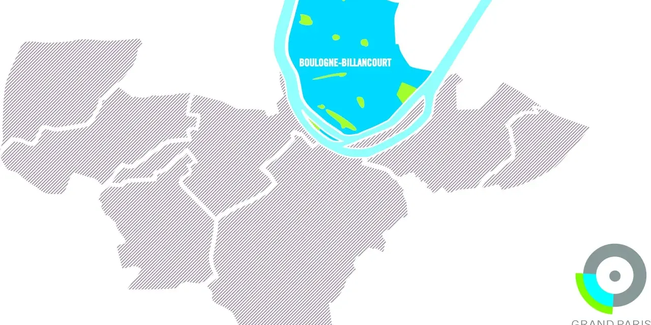 Carte de la Seine Ouest, mettant en évidence la zone de Boulogne-Billancourt avec des espaces verts et bleus.