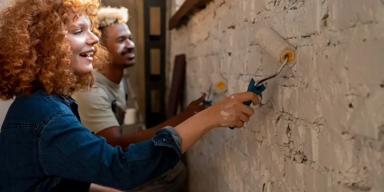 Un couple peint un mur en brique, résolvant un désaccord sur les travaux en indivision avec bonne humeur.