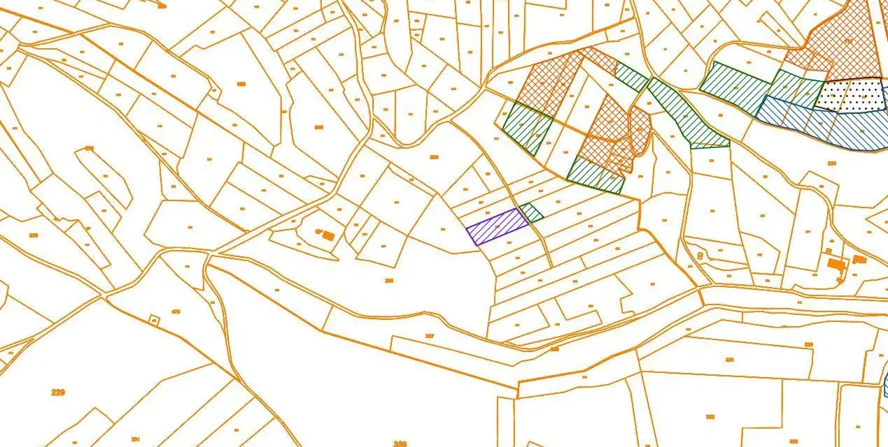 Extrait du cadastre Thiers, une carte topographique divisée en parcelles numérotées, certaines colorées pour indiquer des zones spécifiques.