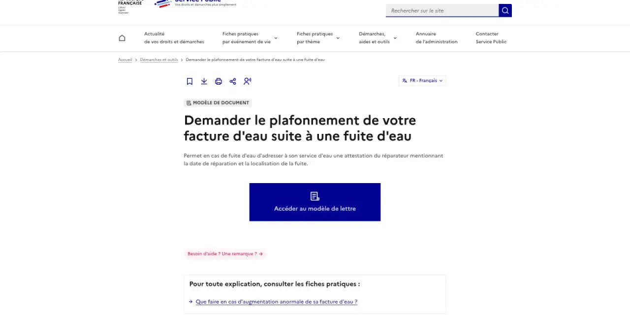 Modèle de lettre pour demander le plafonnement de votre facture d'eau suite à une fuite. Aide pour comment facturer l'eau au locataire.