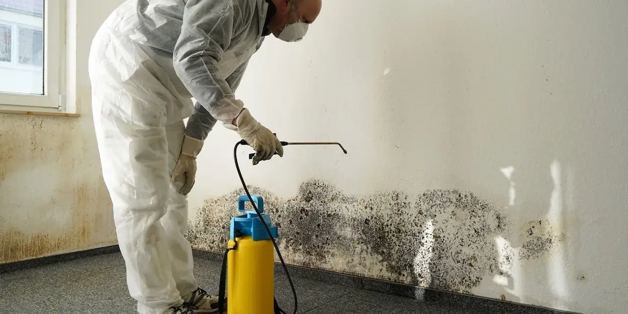 Un homme en combinaison blanche traite des vices apparents sur un mur couvert de moisissure, à l'aide d'un pulvérisateur.