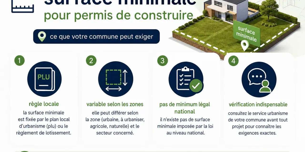 Surface minimale pour construire une maison : règles locales, zones variables, pas de minimum national, vérification en mairie.