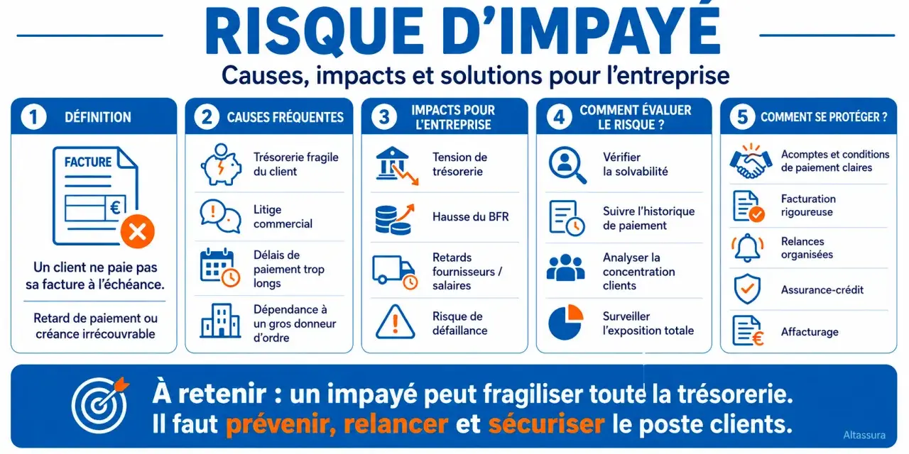 Infographie sur le risque d'impayé : causes, impacts, évaluation et protection. La **théorie des impenses** est ici illustrée par les conséquences d'une facture non réglée.