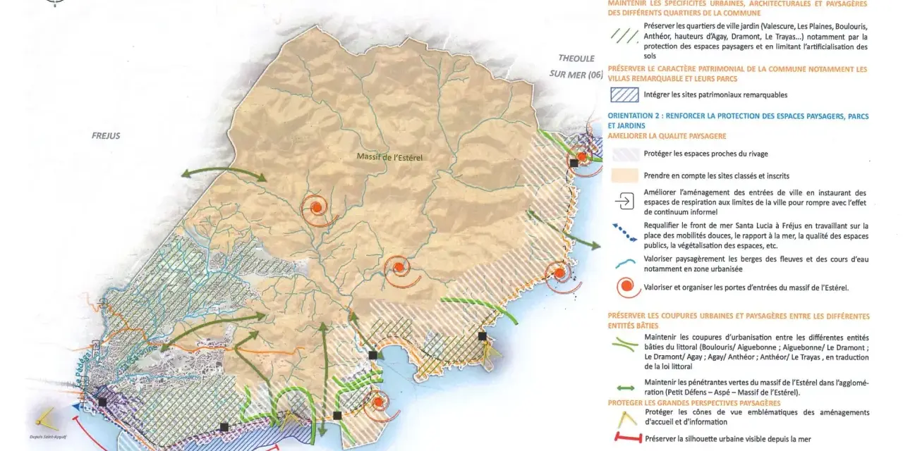 Plan local d'urbanisme de Saint-Raphaël, projet d'aménagement et de développement durables. Carte montrant le massif de l'Estérel et le littoral.