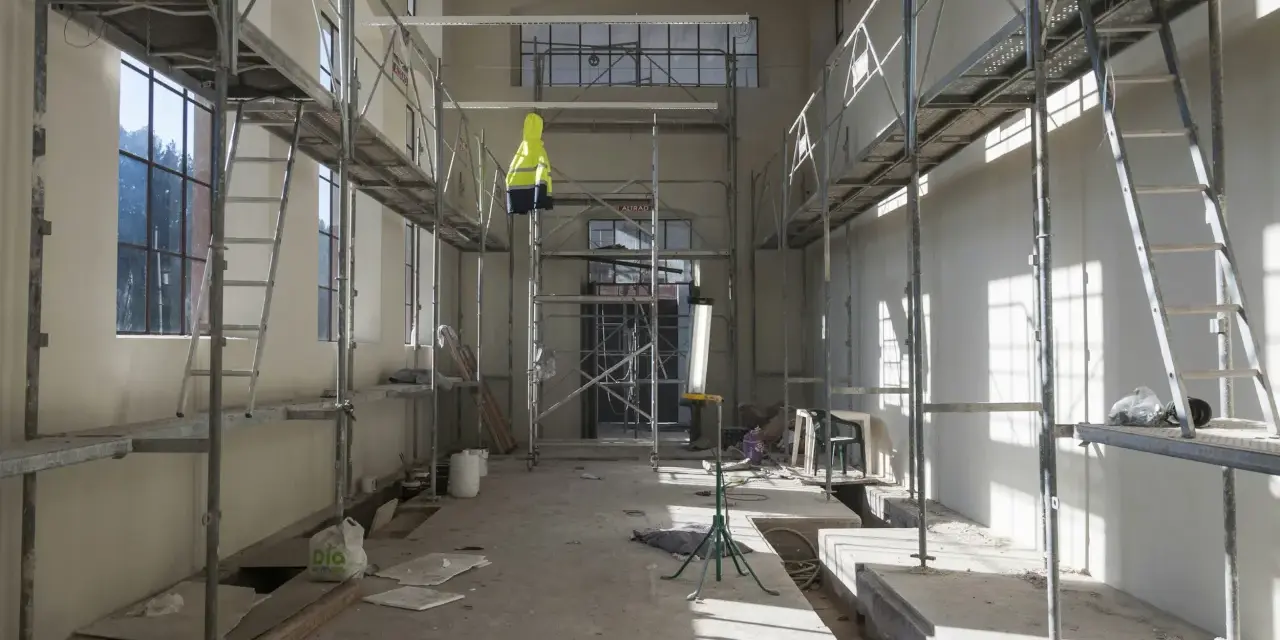 Chantier intérieur avec échafaudages, un gilet jaune suspendu, des matériaux de construction et des ouvertures. Un **daact non conforme** pourrait être la raison de cette scène.
