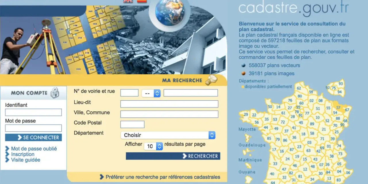 Le site cadastre.gouv.fr propose un plan cadastral vitré interactif pour rechercher, consulter et commander des feuilles de plan.